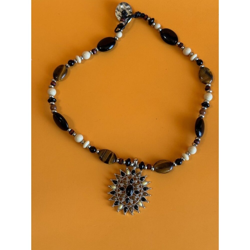 Chaps Tiger Eye Brown Stone & Glass Beaded Pendant Necklace 16"